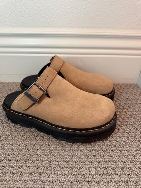 Dr. Martens Tan Suede Buckle Mule Clogs